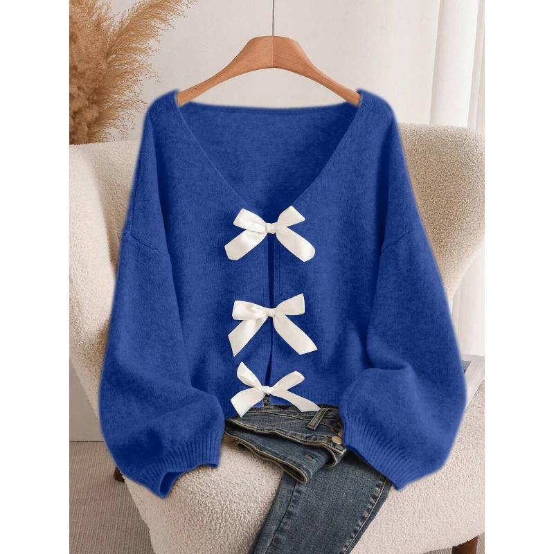 Design bow knitted cardigan autumn and winter new loose versatile lazy style knitted sweater