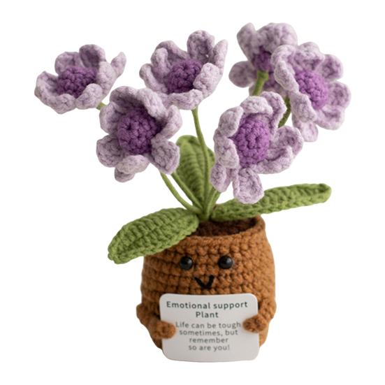 Heklet potteplante med positivt kort Emosjonell støtte Håndlaget strikket potteplante Dukke Stressreduserende leketøy Skrivebordsdekorasjon Ornament
