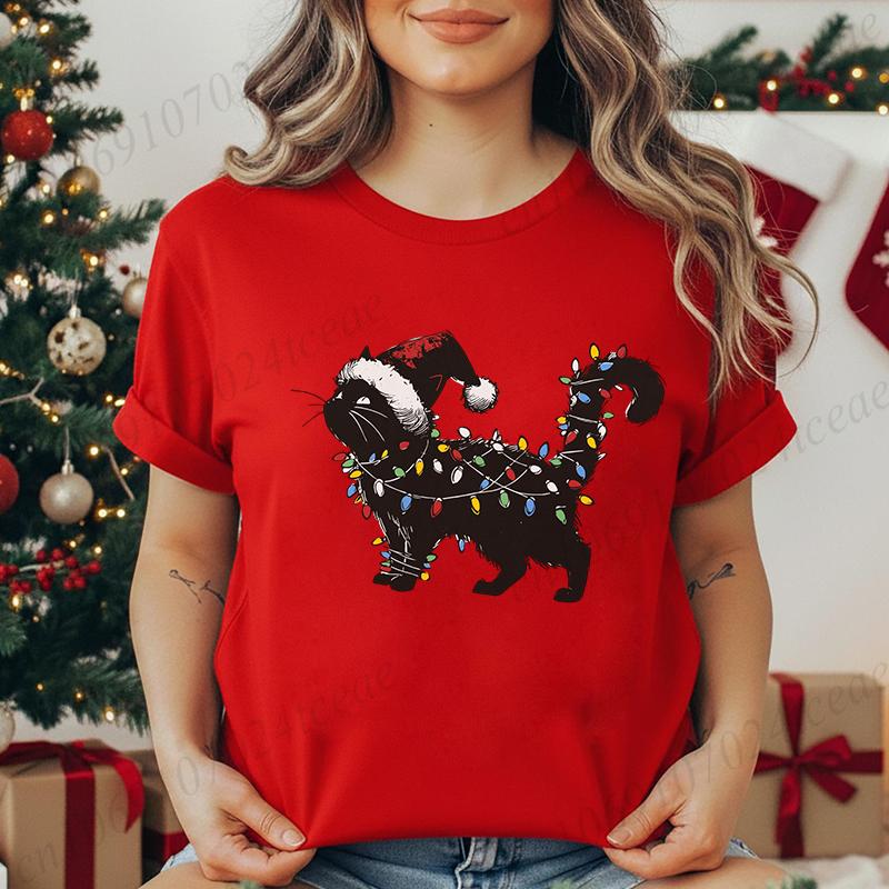 Unisex Cute Cat Christmas Graphic Print Tshirt  Holiday Tee Shirts Casual O Neck Fashion Shortsleeve Soft Cat Mom Creative Tops