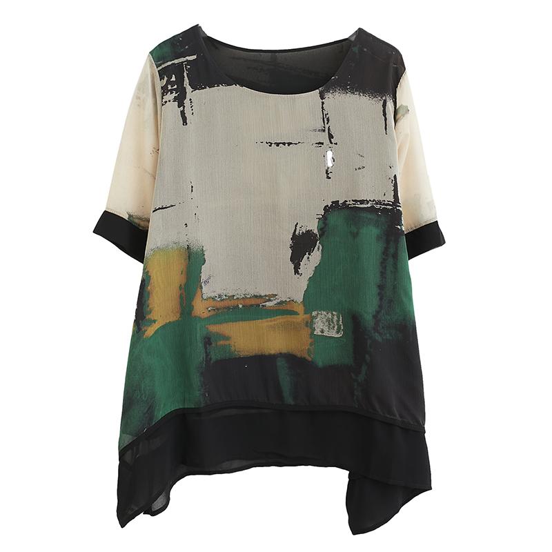 DIMANAF 2025 Summer Short Plus Size T-Shirt Women Short Sleeve Loose Chiffon Printing Shirts
