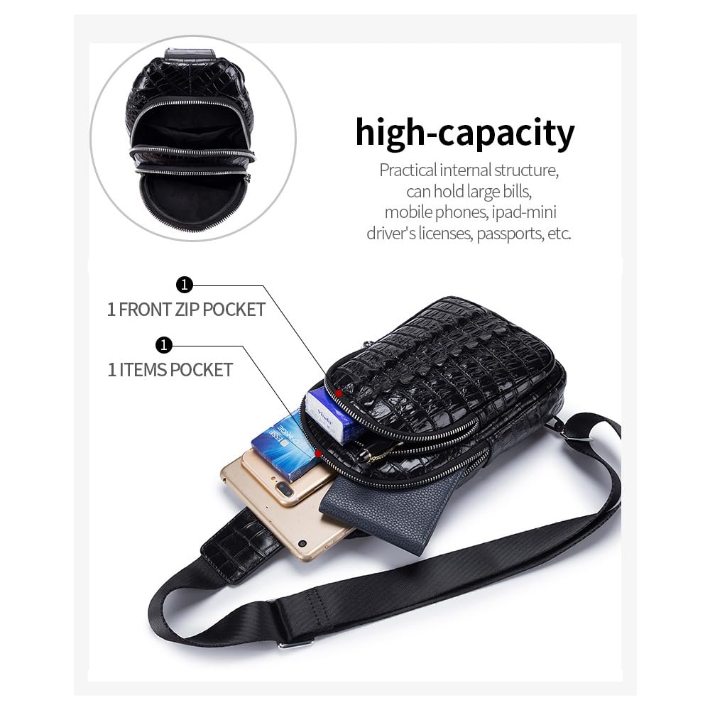 Whatna Crocodile-Embossed Natural Cowhide Leather Crossbody BagOne-Shoulder Bag for Men, Genuine Thick Leather, Black or Brown, ML-8879 (Black)