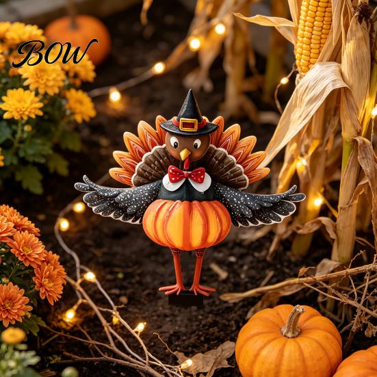 Retro Autumn Garden Accents Thanksgiving Turkey Stake, Wizard Hat with Pumpkin Lawn Ornament, Outdoor Yard Decorations Waterproof Acrylic Welcome Sign