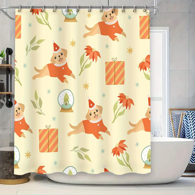 Christmas Festive Shower Curtain Yellow Christmas Decorative Dog Print Waterproof Fabric for Bathroom Easy Installation Rings In 90x180cm