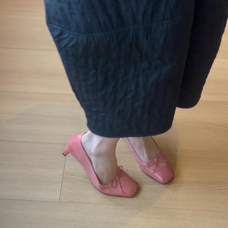 Pink single shoes women's gentle wind bow light mouth one pedal with skirt thick heel high heels