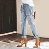 Women Pull- Distressed Denim Joggers Elastic Waist Stretch Pants