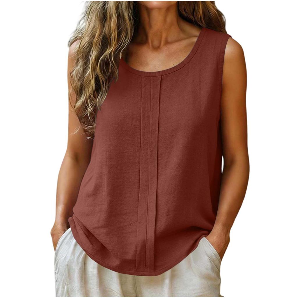Women Sleeveless Linen Cotton Casual Tank Top Loose Fit Round Neck Lightweight Blouse for Summer Daily Wear
