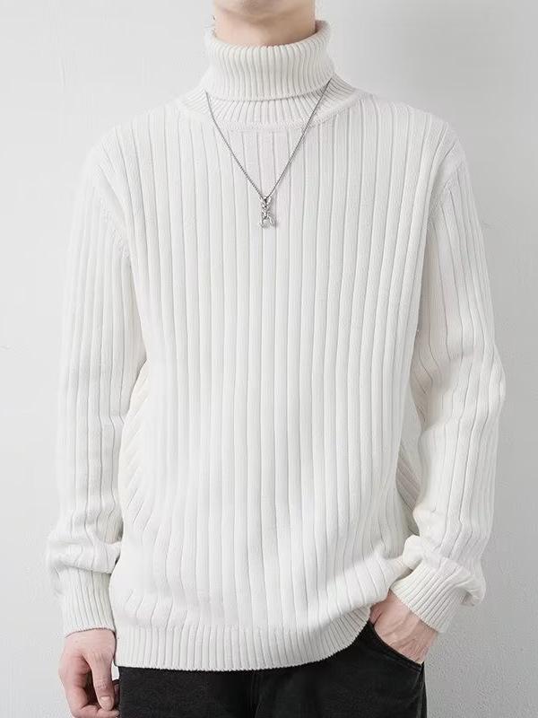 Men's Striped High Neck Knit Sweater - Thick, Loose, Solid Color Winter Base Layer