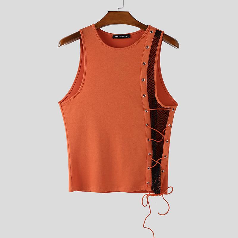 INCERUN Men O Neck Sleeveless Mesh Sheer Patchwork Bandage Slim Tank Tops