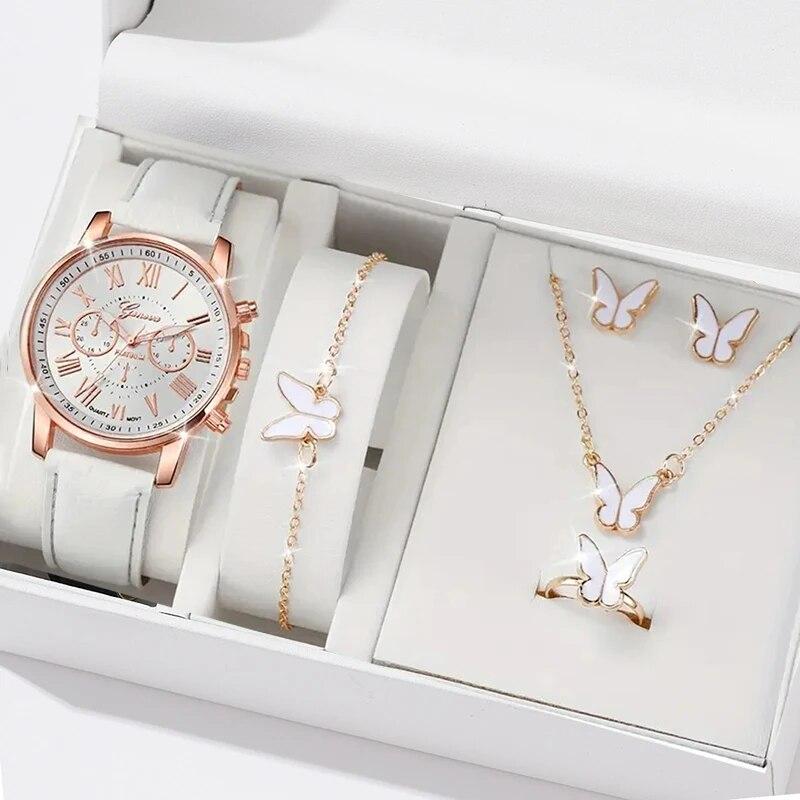 6PCS Fashion Women Watches Ladies Business White Leather Quartz Watch Womens Butterfly Necklace Earrings Bracelet Wristwatch белый