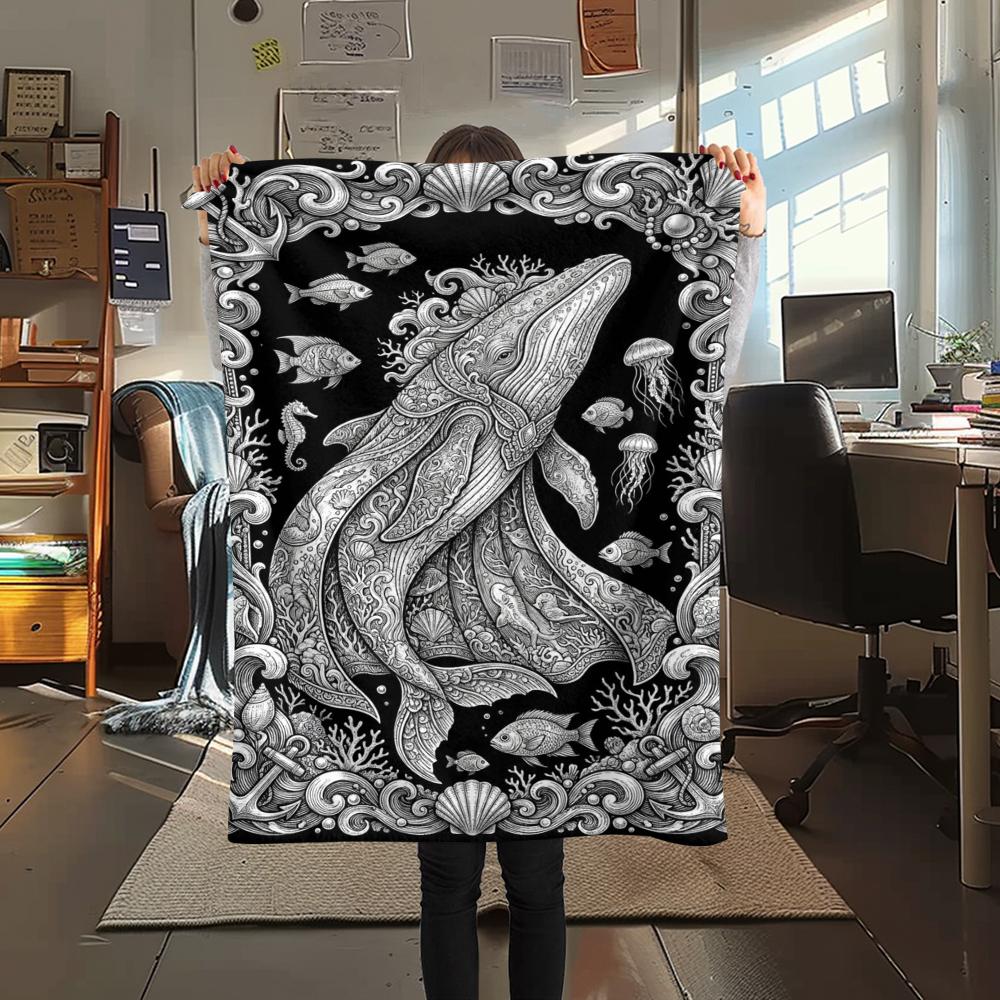 1Pc Ocean Print Flannel Blanket, High quality Comfortable for All Seasons, Home Decor, Warmth and Comfort, Perfect for Christmas Gifts W101