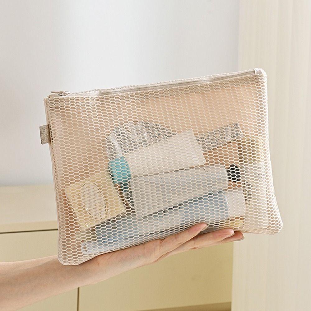 Multi-purpose Storage Bag Beige Mesh Material Mesh Storage Pouch Lightweight Design Zipper Closure Coin Purse Sundries Storage
