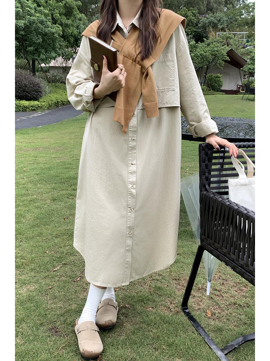 

Хуан Чжэн Женское платье-рубашка свободного кроя в стиле рабочей одежды, корейское повседневное длинное платье 2025 One Size хаки