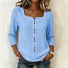 Women's V-Neck Three-Quarter Sleeve Button Down Blouse for Work in Cotton Linen