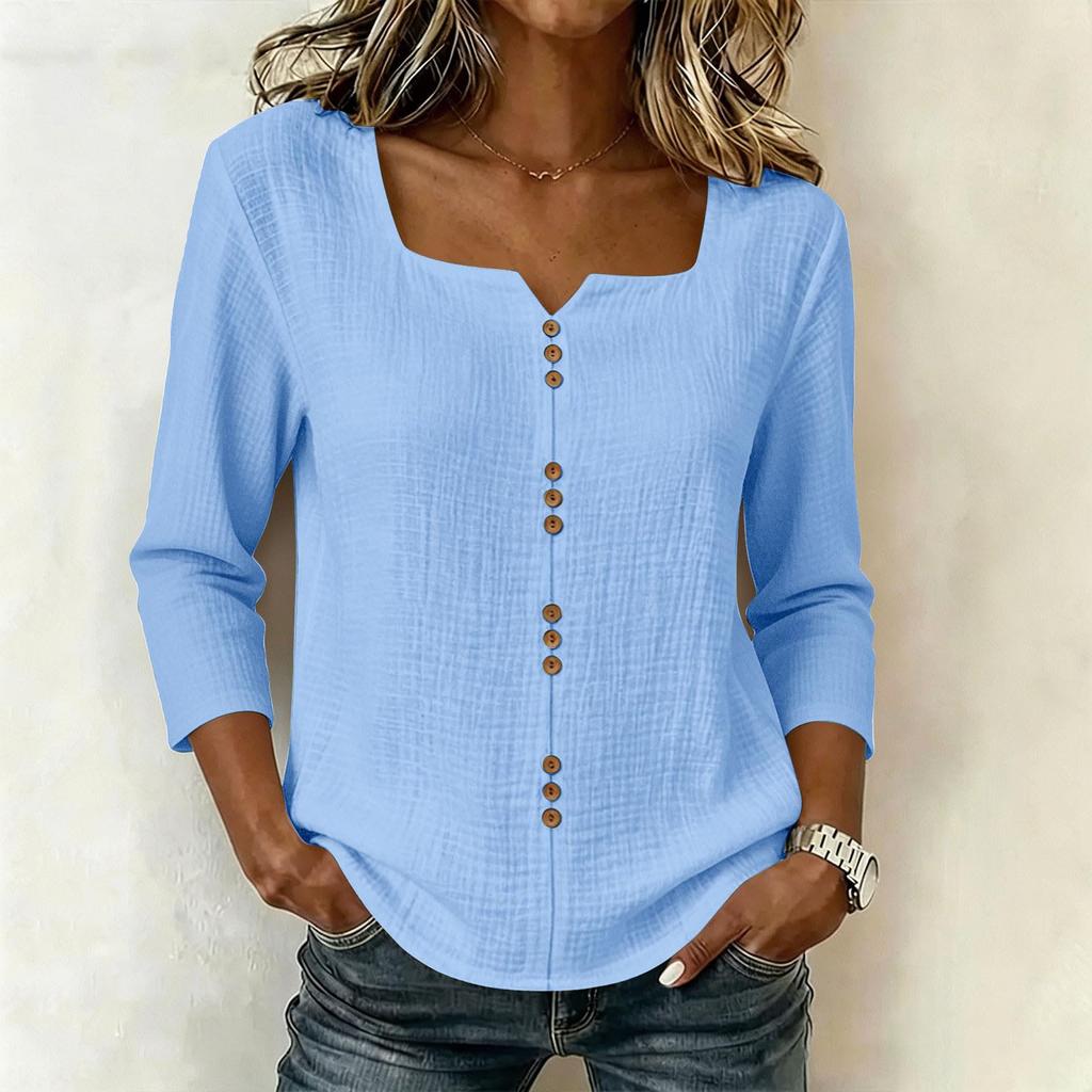 Women's V-Neck Three-Quarter Sleeve Button Down Blouse for Work in Cotton Linen