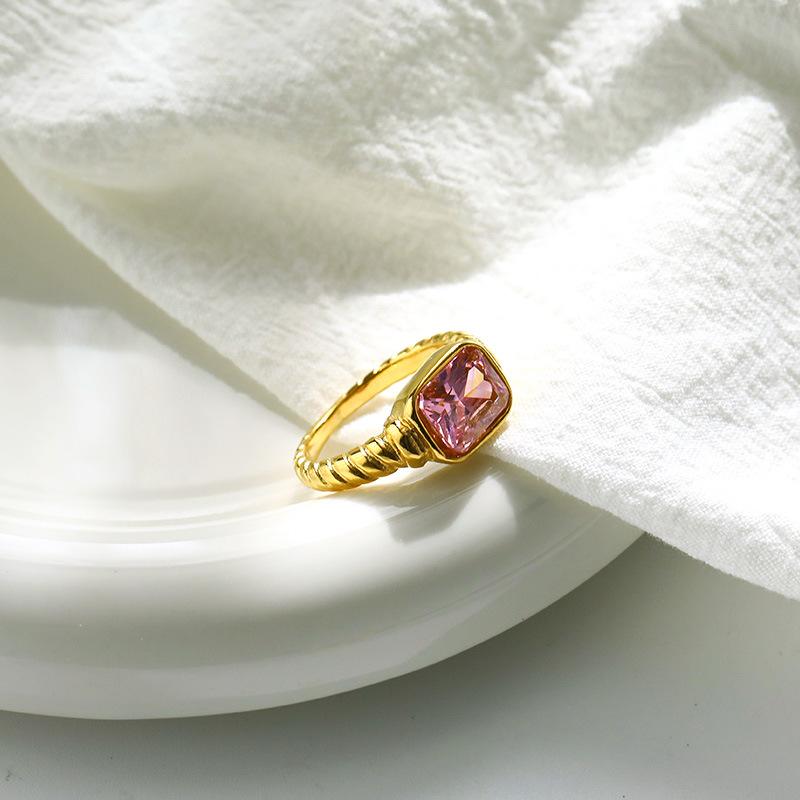 Multicolour Square Zircon Crystal Stainless Steel Finger Ring for Women Gold Plated Chunky Croissant Texture Waterproof Jewelry