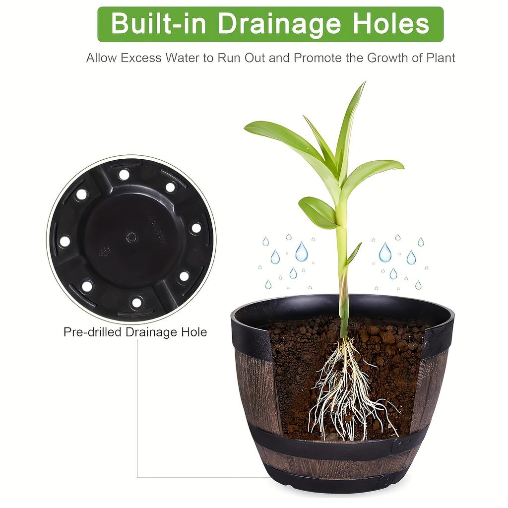 1 Stück Vintage-Pflanzgefäß aus Whiskyfass, Gartentopf aus Harz mit Streifenmuster, Ablaufloch und Untertasse, ovaler Pflanzbehälter aus Kunststoff im lässigen Stil für Kräuter