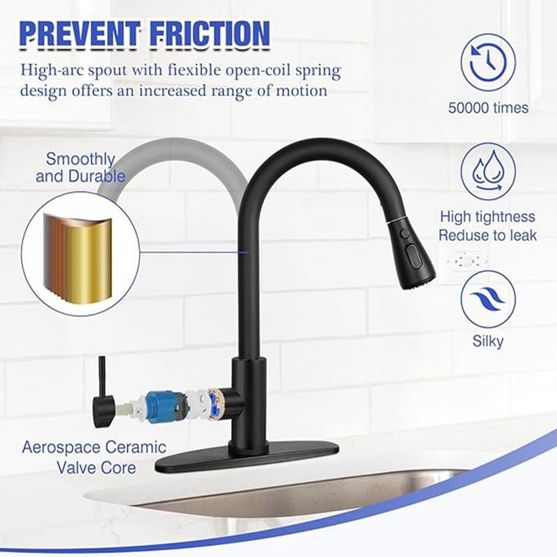 Matte Black Kitchen Sink Faucet Pull Out Kitchen Sink Mixer Tap Stream Sprayer Head 360° Rotation Hot Cold Faucet