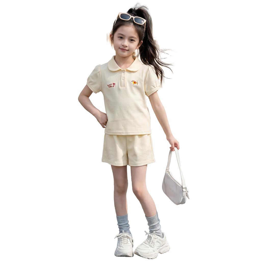 Girls' Short-sleeved T-shirt Set For Summer Children's Casual Embroidered Polo Shirt Set