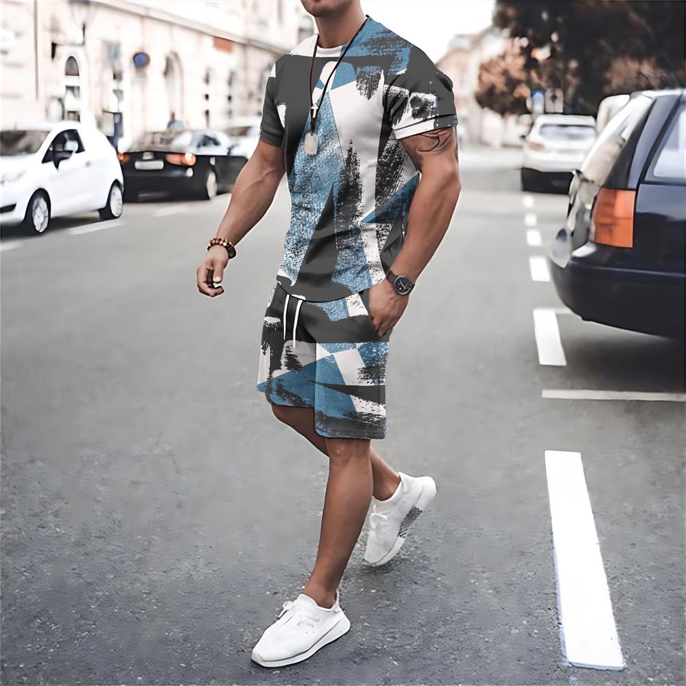 Summer Men Clothing Quick Dry Short Sleeve T Shirt Shorts 2 Piece Sets Print Men's Oversized Tracksuits Street Sportswear Suits