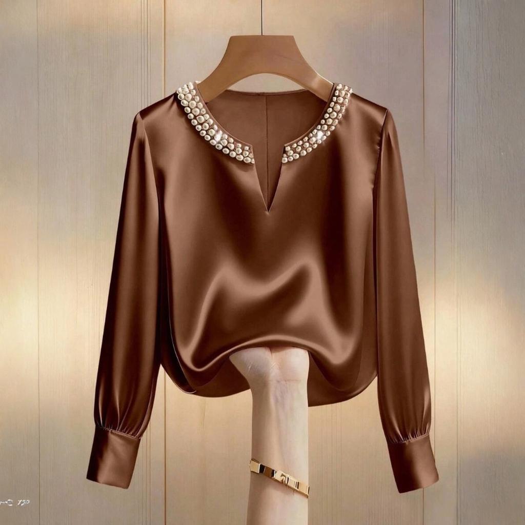 Fashionable Women's Round Neck Satin Shirt Top
