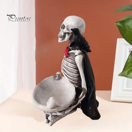 Dark Aesthetic Ornament Halloween Skeleton Decorative Tray, Gothic Storage Tray with Black Cape Red Figurine Bow, Multifunctional Desktop Organizer
