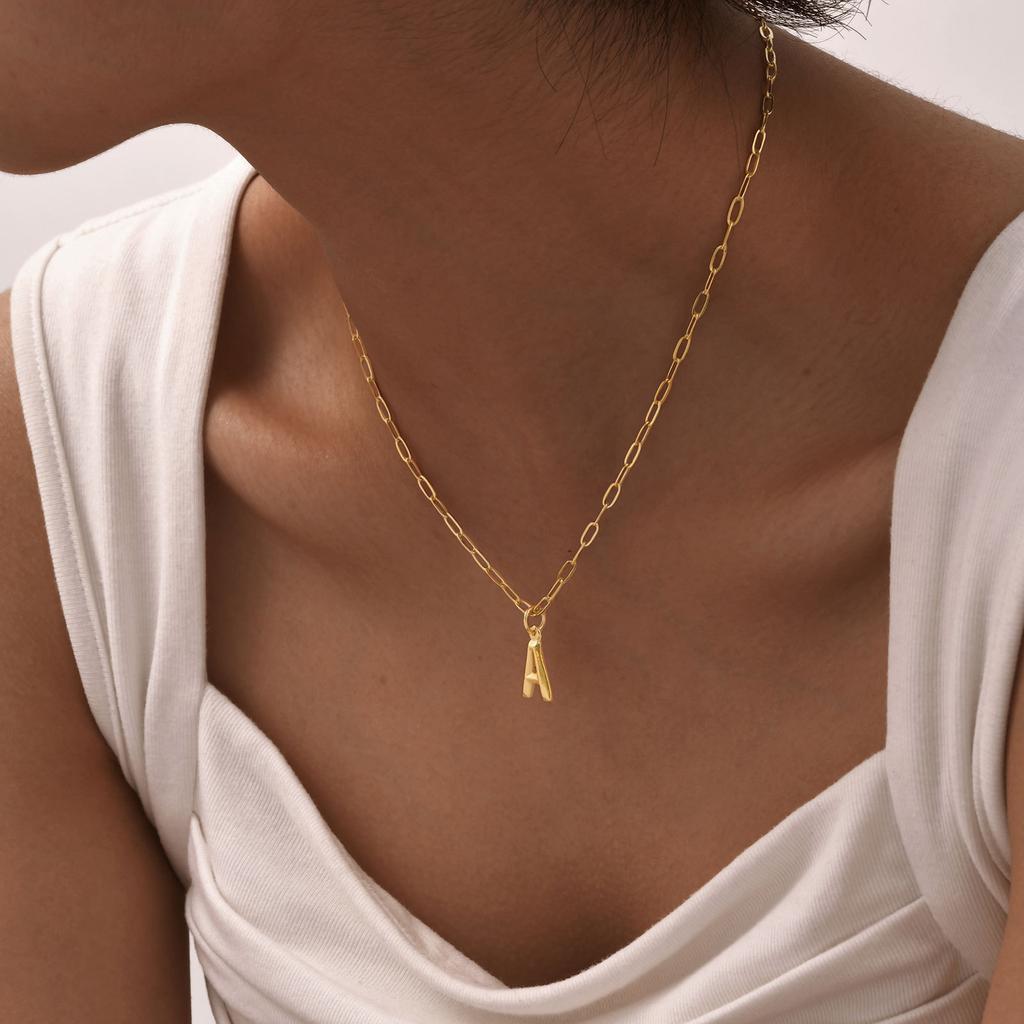 Stainless Steel Plated 18K Gold Small Square Chain Three-Dimensional 26 Letter Pendant Necklace Fashion Jewelry Nc-1958