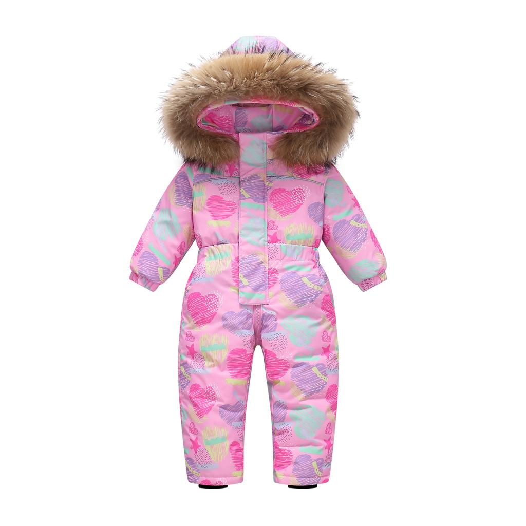 Batolecí Chlapecká Dívčí Péřová Kombinéza do Sněhu – 90% Prachové Peří z Bílé Kachny Jednodílná Zimní Kombinéza s Kapucí, Vodotěsná, 1–6 let