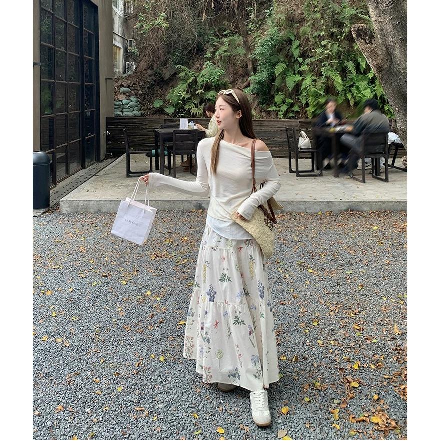 High waist drooping floral skirt women's spring and summer new sweet long a-shaped skirt small long skirt