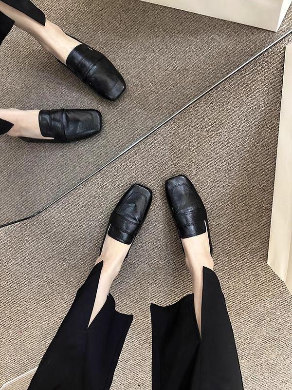 Women's Square Toe D'Orsay Flats - French Retro Soft Leather Slip-On Loafers