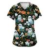Women's V-Neck Short Sleeve Scrub Top with Pockets Halloween Print for Work