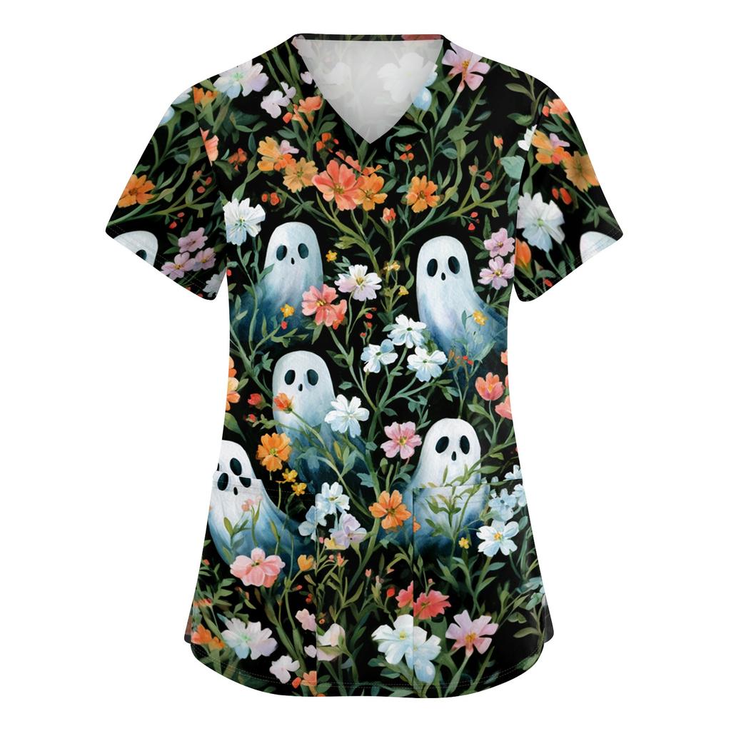 Women's V-Neck Short Sleeve Scrub Top with Pockets Halloween Print for Work