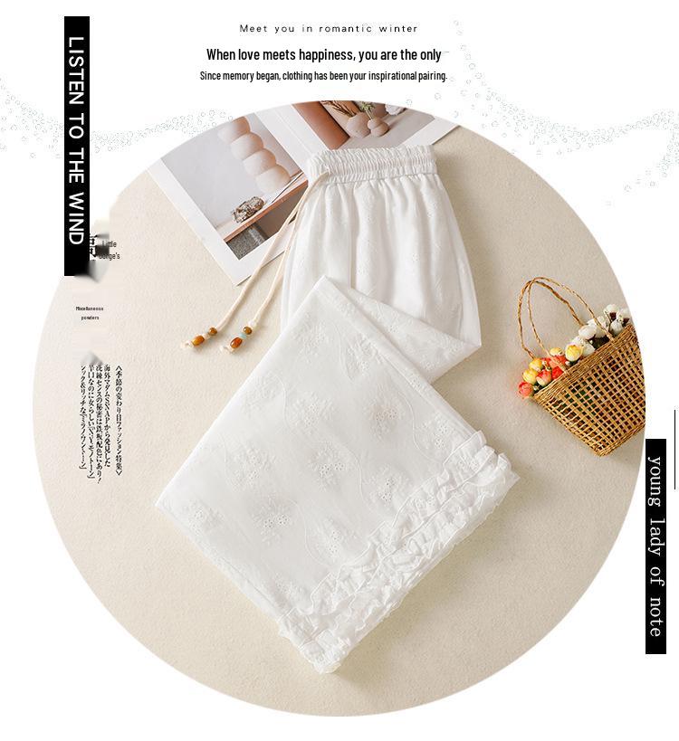 White Hollow Lace Embroidery Wide-Leg Pants with Drawstring - Women's Loose Fit