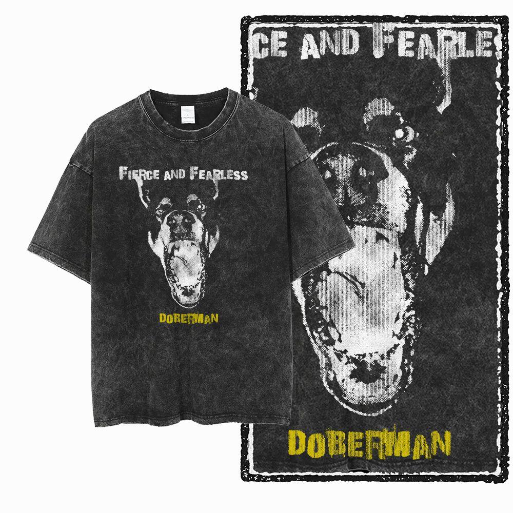 DoberUnisex Dog Vintage Graphic Printed Washed Distressed Big Size Black Cotton Unisexs Retro TShirt G