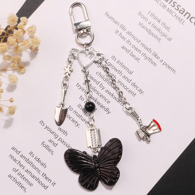 Trendy Phone Lanyard Gothic Style Butterfly Heart Keychain Pendant Durable Phone Strap Portable Phone Accessory for Keys