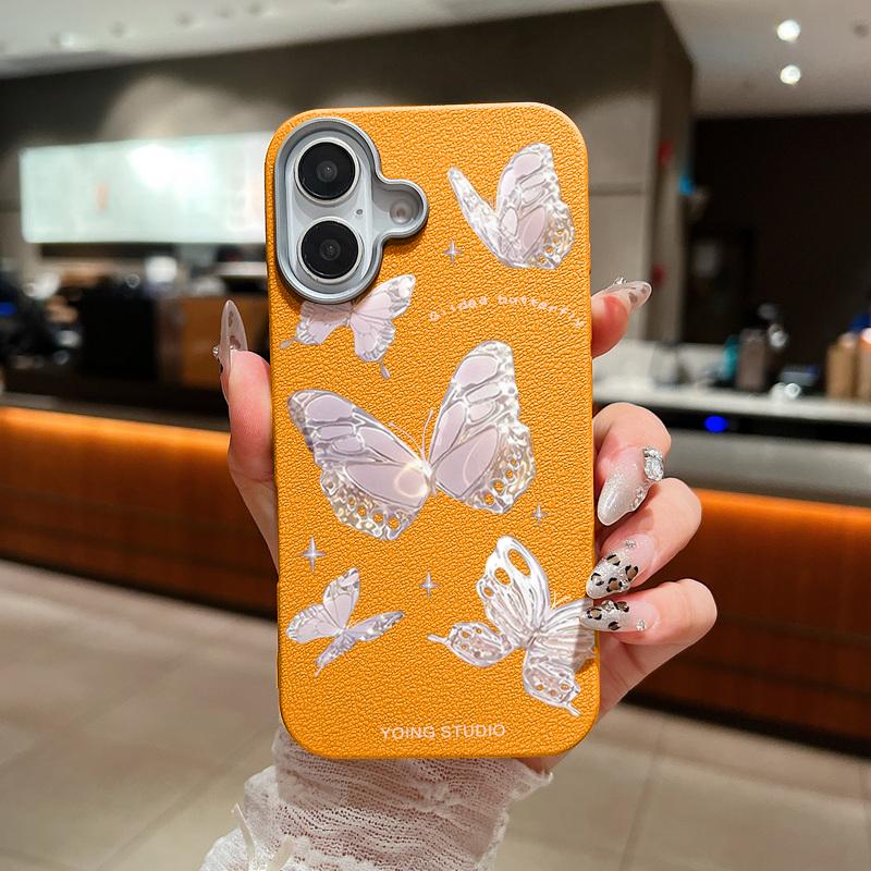 Butterfly Pattern Leather Texture Slim Soft Case Shell For iPhone 16 Pro Max 15 14 Pro 13 12 11 Matte Lens Protection Shockproof TPU Phone Cover