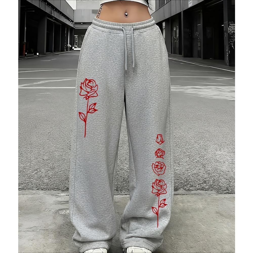 Red Rose Pattern Printed Sports Pants with Drawstring and Elastic Waist American Casual Trend Women's Straight Leg Pants