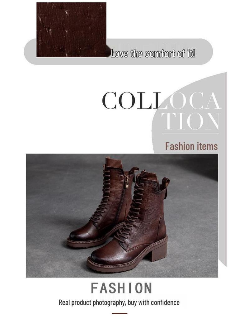 Shanghai Jie Zhou Herbstliche Stiefeletten mit runder Zehenpartie, Blockabsatz, aus Rindsleder, modische Martin Boots mit seitlichem Reißverschluss – Mittelhohe Stiefeletten