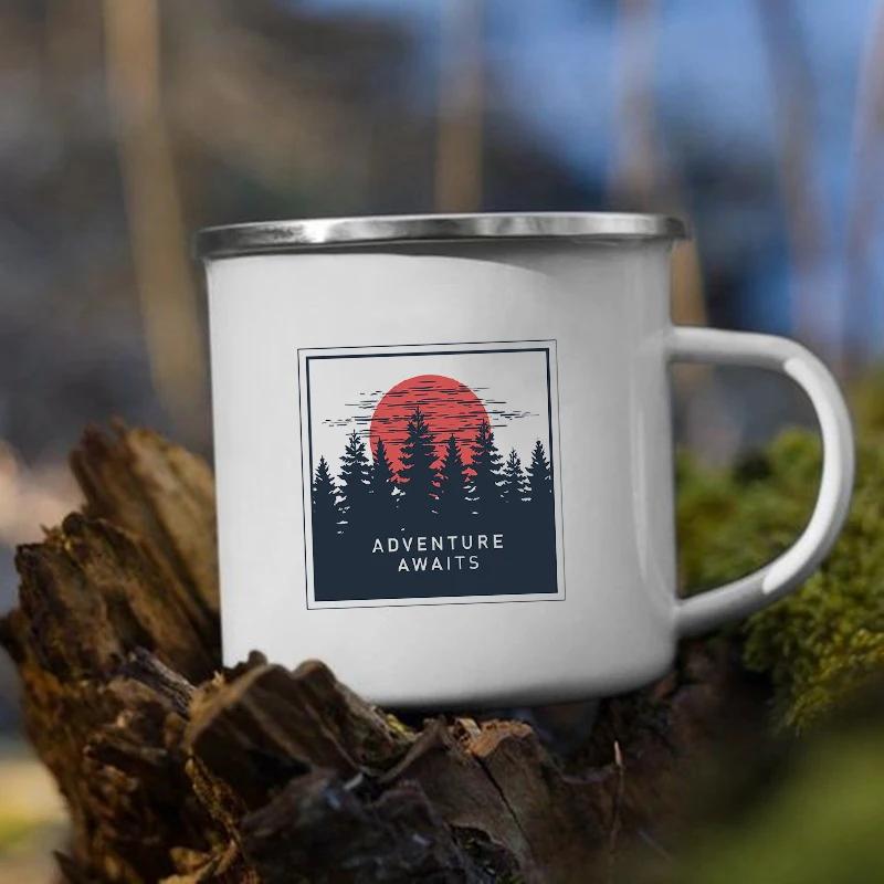 Stampa 'Le Montagne Aspettano' Tazza Smaltata Creativa Campeggio Caffè Tè Acqua Latte Tazze Manico Bicchiere Vacanza Escursionismo Regalo