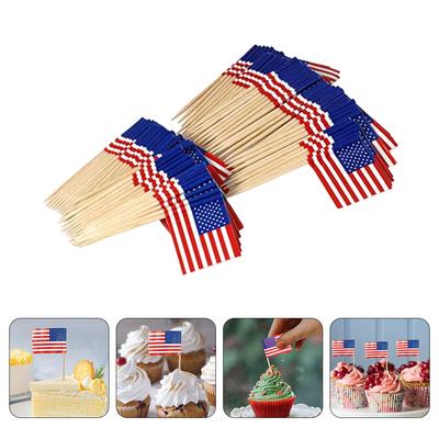 200 Pcs Toothpick Appetizer American Flag Cake Fruit Sticks Small Flags Paper Wood Cocktail Toothpicks