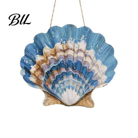Natural Wood Wall Sign Summer Beach Wooden Seashell Art Coastal Sea Shell Hanging for Bathroom Living Room Home Decor Solid 1