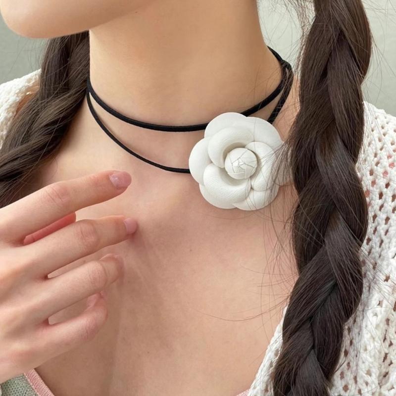 Elegant Sweet Camellia Choker Neckband Flower Collar Necklace Vintage Choker Long Lace Up Necklace Fashion Jewelry