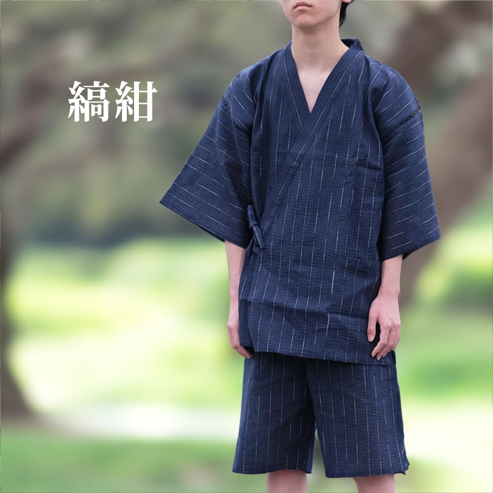 Jinbei Cotton Linen Pajamas Stylish Loungewear Top and Bottom Set Nightwear Summer Gift Day Men's Father's (Striped Navy, L)