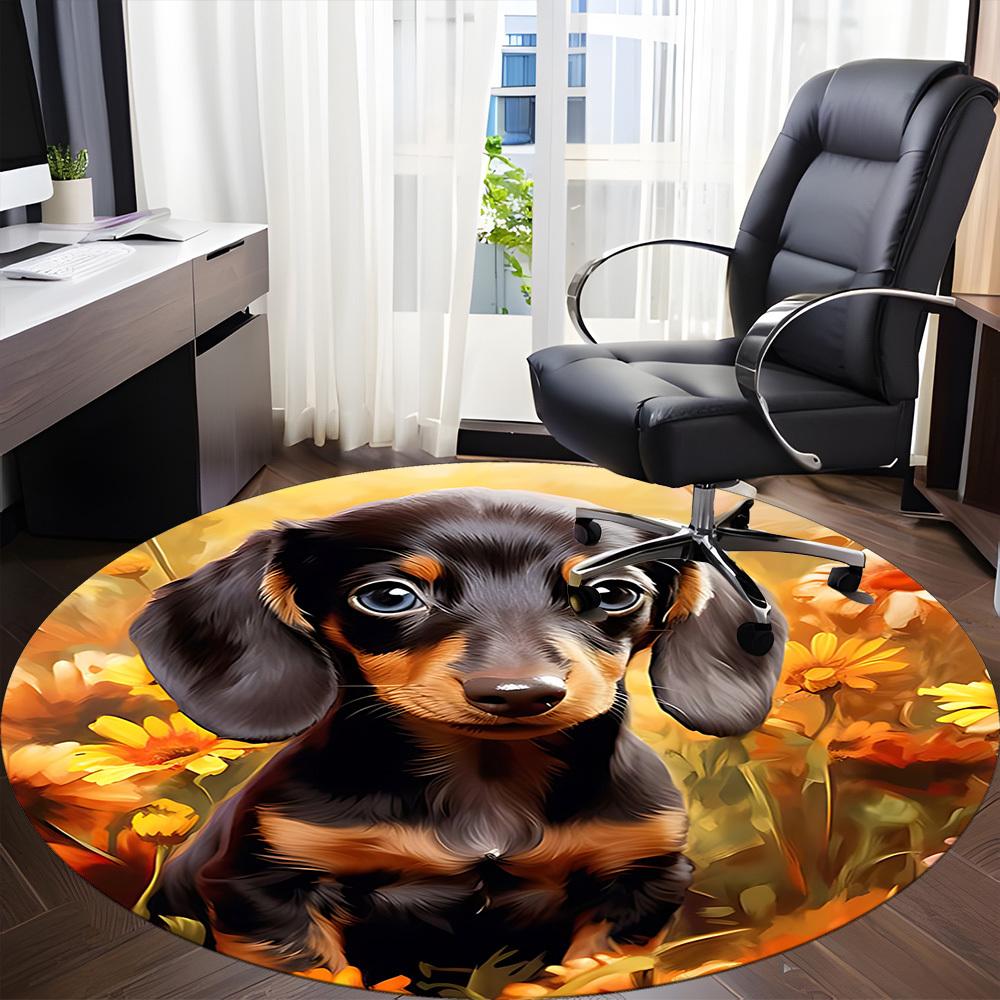 1PC Dachshund Flowers Office Round Area Rug, Mat Suitable For Office, Under Office Chairs Bedroom Living Room Home Decor, Room Deco