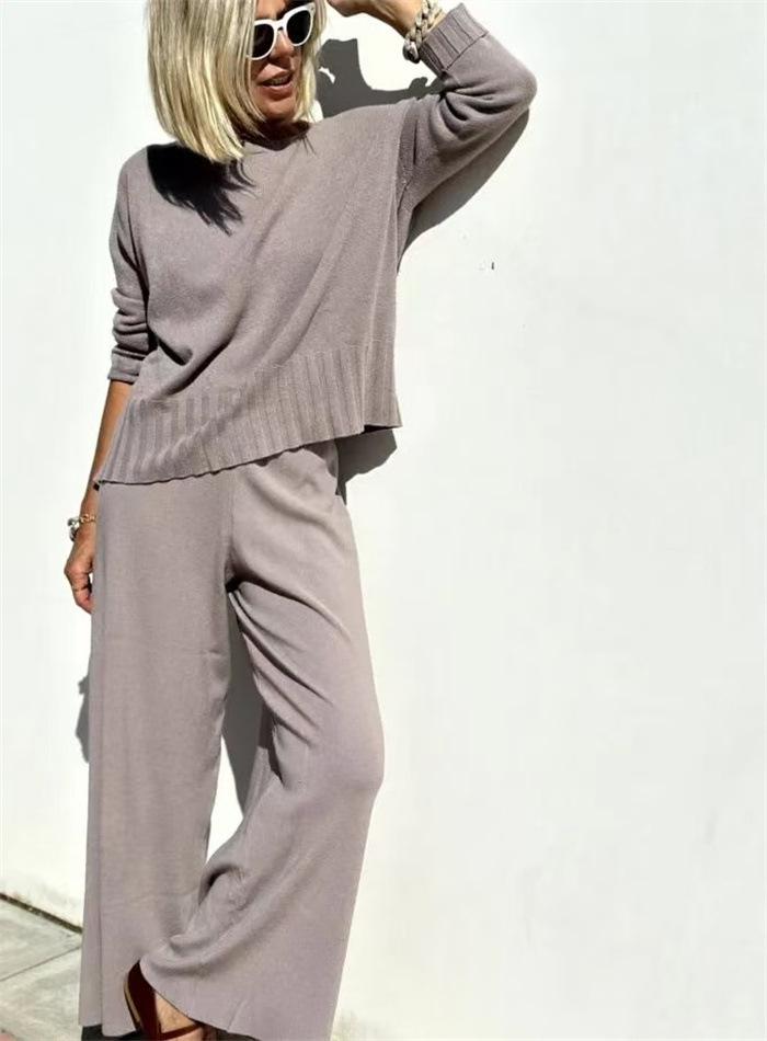 Spring 2025 Elegant Knit Wide-Leg Pants & Sweater Set - Casual Two-Piece Ensemble