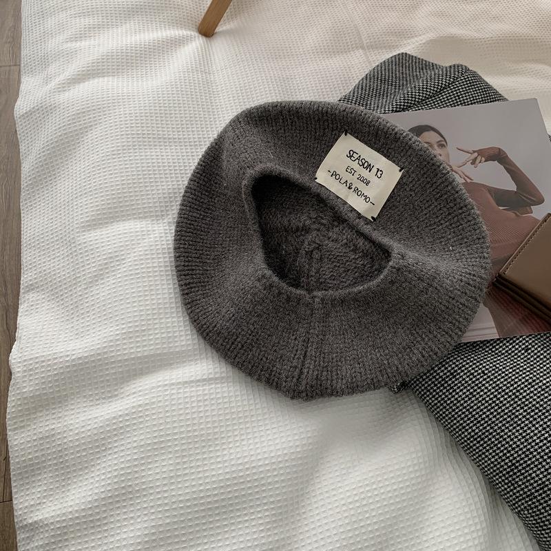Porridge Cocoa Knitted Hat Woolen Hat Label Beret Women Autumn and Winter Versatile Warm Big Head Painter Hat