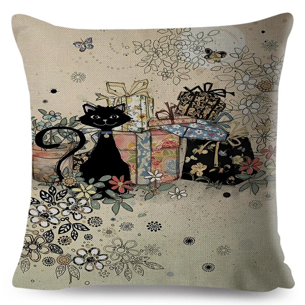 Cute Elegant Black Cat Cushion Cover Double Print Decor Cartoon Animal Pillow Case for Sofa Home Car Linen Throw Pillowcase