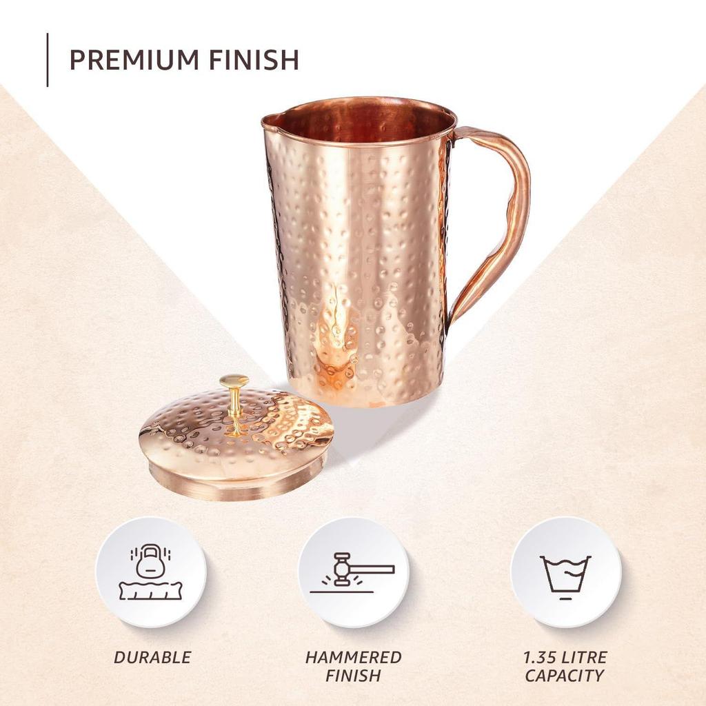 Kladaná měděná džbán s 2 měděnými sklenicemi, 1350 ml