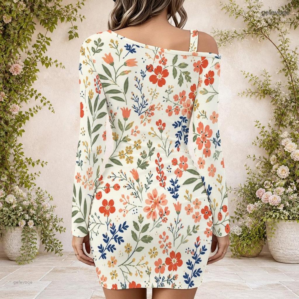 Ladies Plus Size One Side Off Shoulder Long Sleeve Dress
