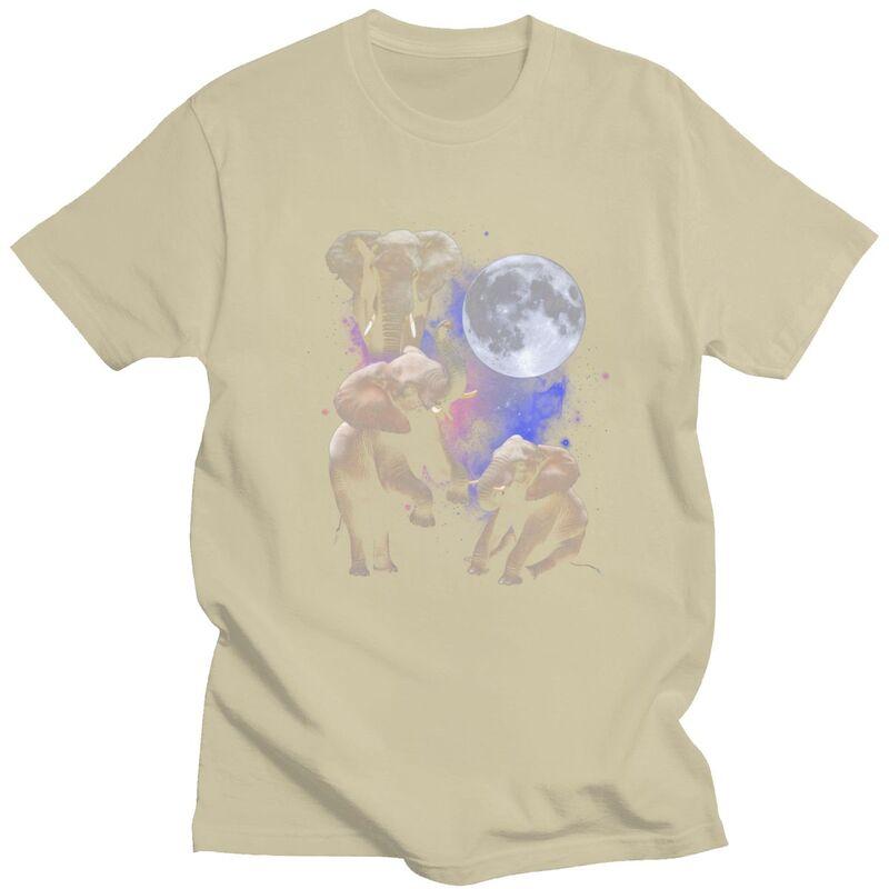 Men Three Moon Elephants T Shirt Summer Short Sleeve Pure Cotton Colthing Leisure Novelty Creative Graphics Tee Tops