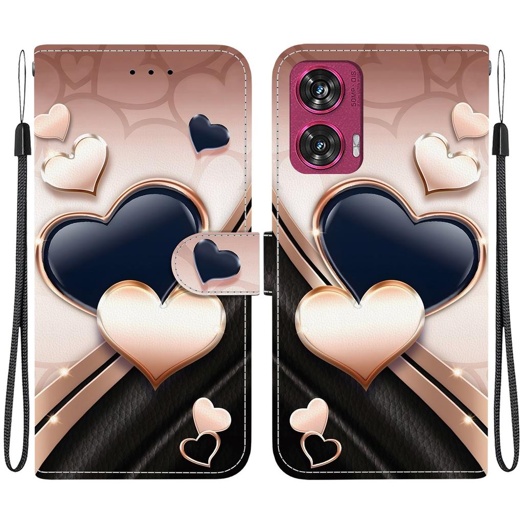Håndlaget PU-lær flip-deksel for Motorola Edge 50 Fusion Sklisikkert Støtsikkert Deksel med Håndleddsstropp og Hjerte/Rose Kattdesign